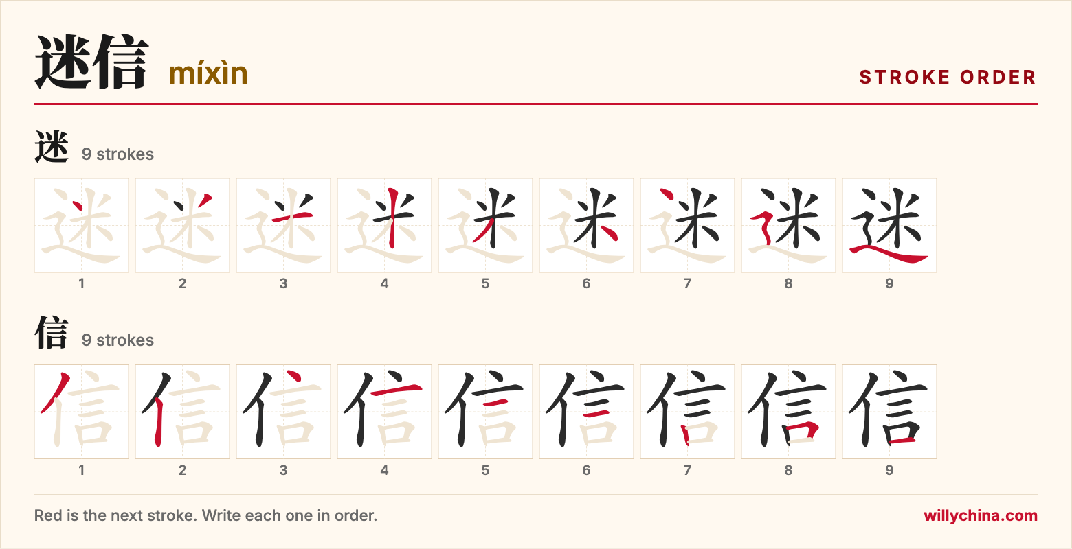 迷信 (míxìn) stroke order chart: each stroke of the characters in the order you write them