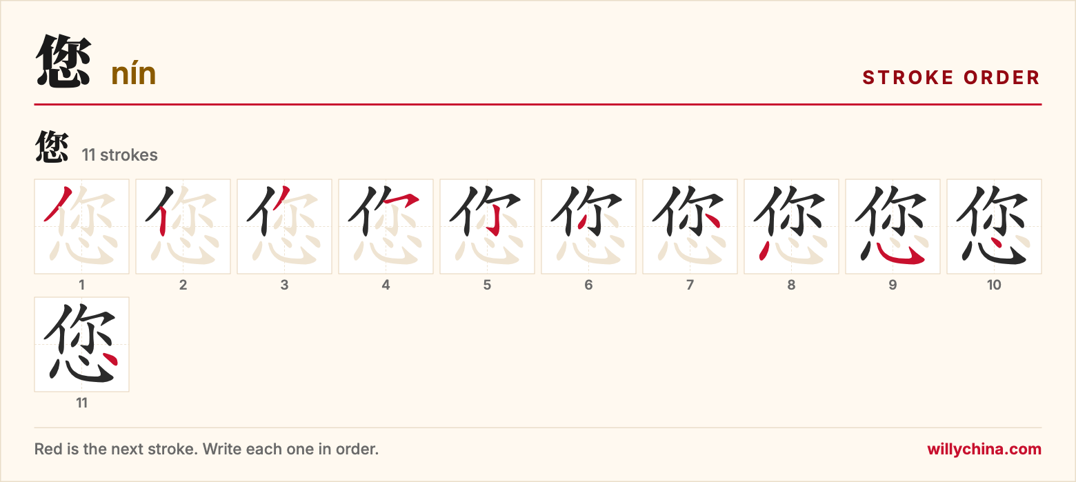 您 (nín) stroke order chart: each stroke of the character in the order you write it