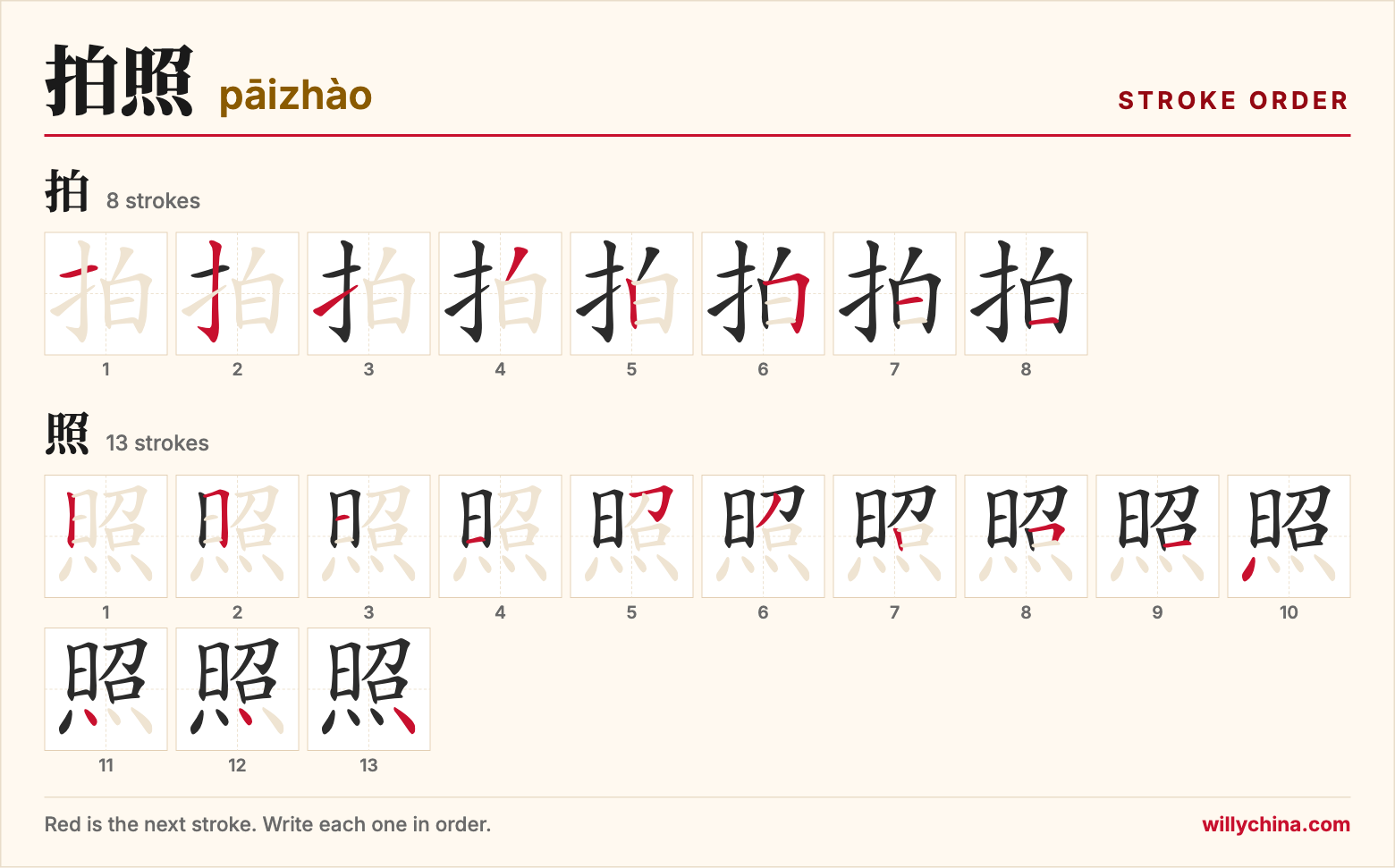 拍照 (pāizhào) stroke order chart: each stroke of the characters in the order you write them