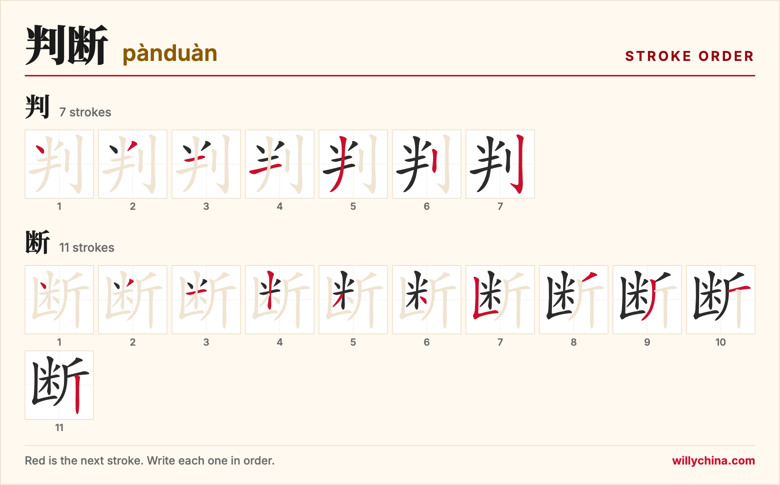 判断 (pànduàn) stroke order chart: each stroke of the characters in the order you write them