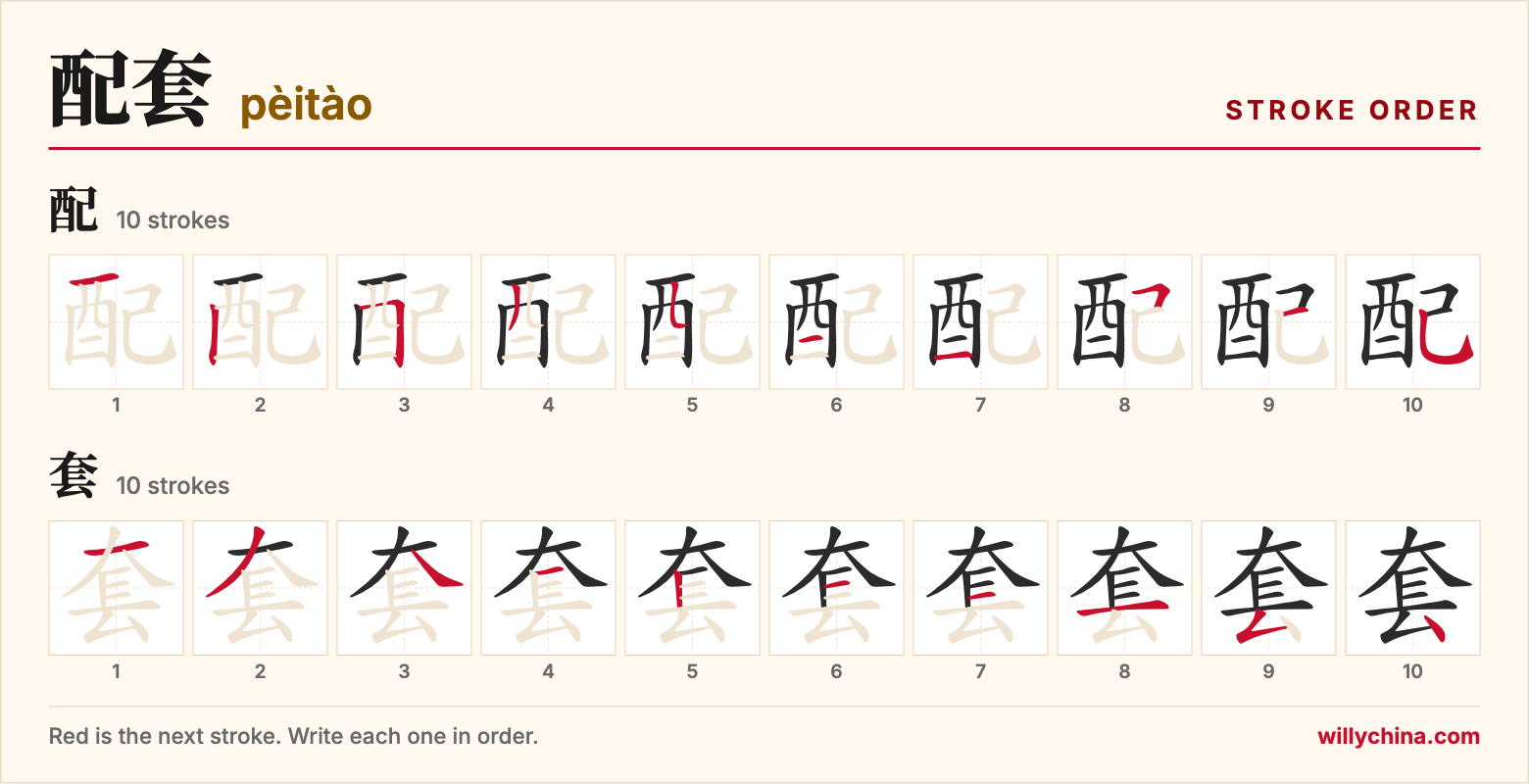 配套 (pèitào) stroke order chart: each stroke of the characters in the order you write them