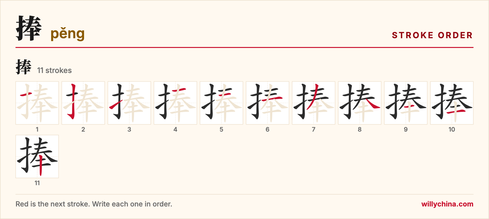 捧 (pěng) stroke order chart: each stroke of the character in the order you write it
