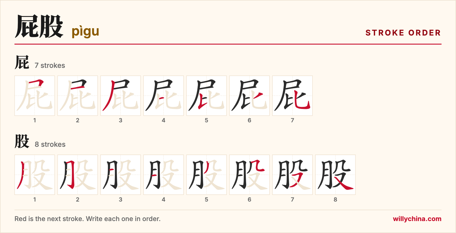 屁股 (pìgu) stroke order chart: each stroke of the characters in the order you write them
