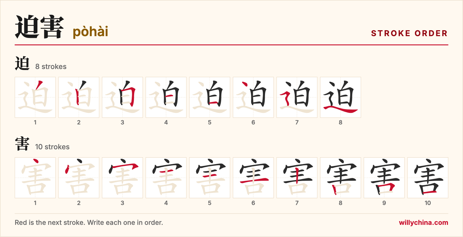 迫害 (pòhài) stroke order chart: each stroke of the characters in the order you write them