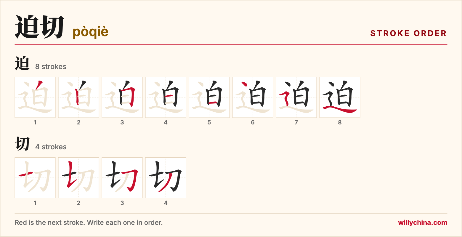 迫切 (pòqiè) stroke order chart: each stroke of the characters in the order you write them