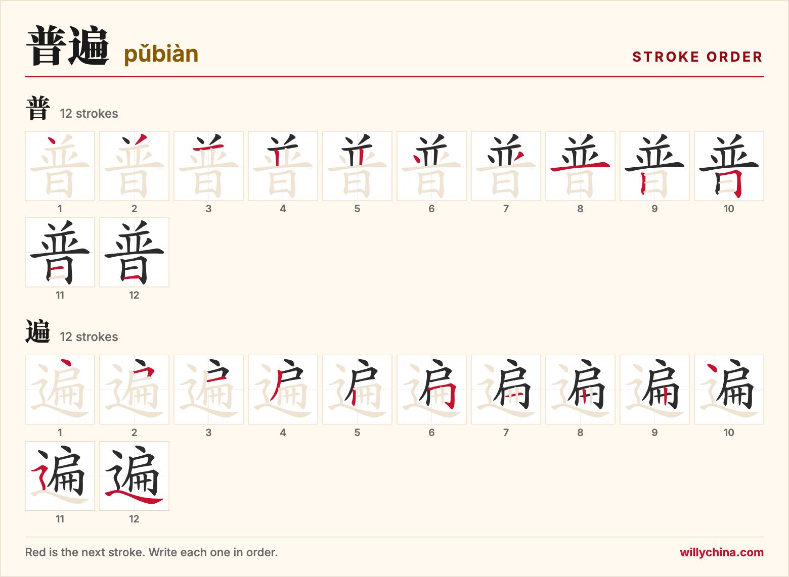普遍 (pǔbiàn) stroke order chart: each stroke of the characters in the order you write them