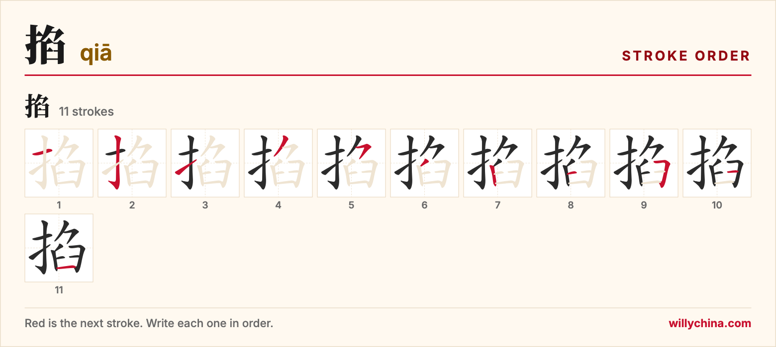 掐 (qiā) stroke order chart: each stroke of the character in the order you write it