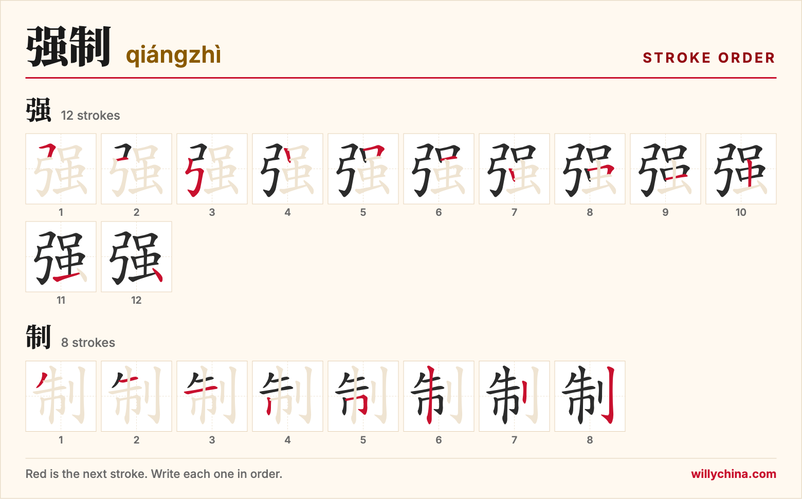 强制 (qiángzhì) stroke order chart: each stroke of the characters in the order you write them