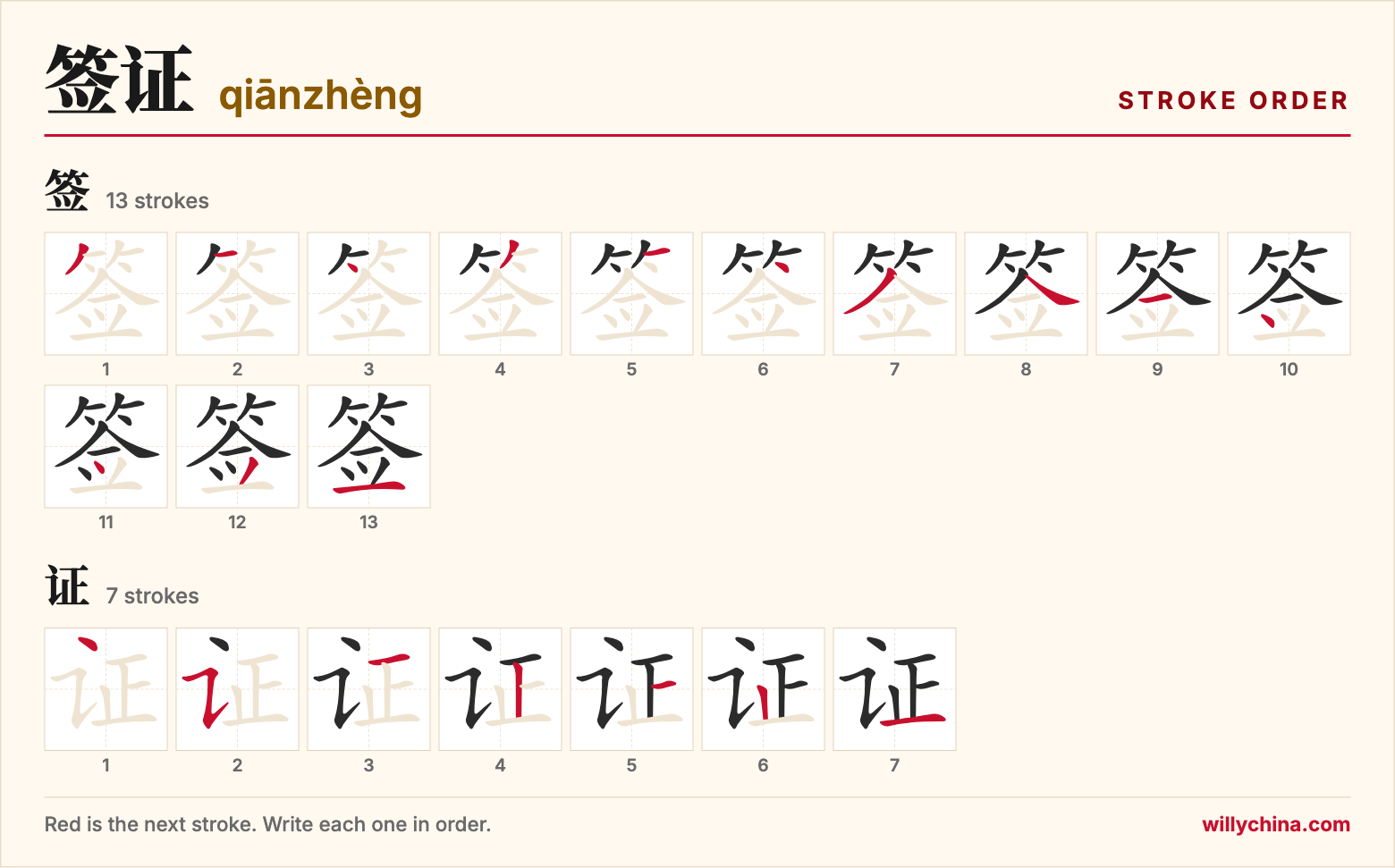 签证 (qiānzhèng) stroke order chart: each stroke of the characters in the order you write them