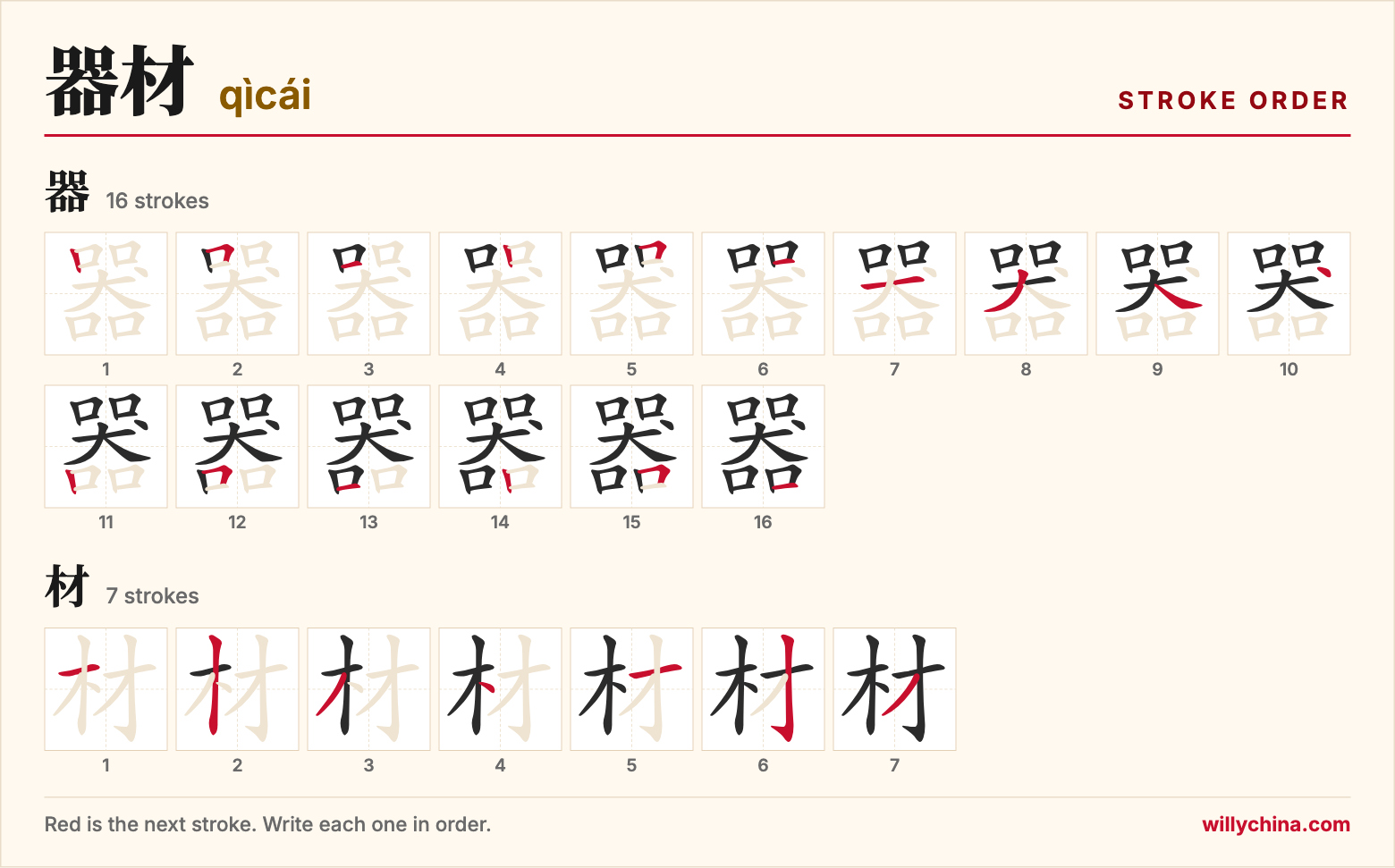 器材 (qìcái) stroke order chart: each stroke of the characters in the order you write them