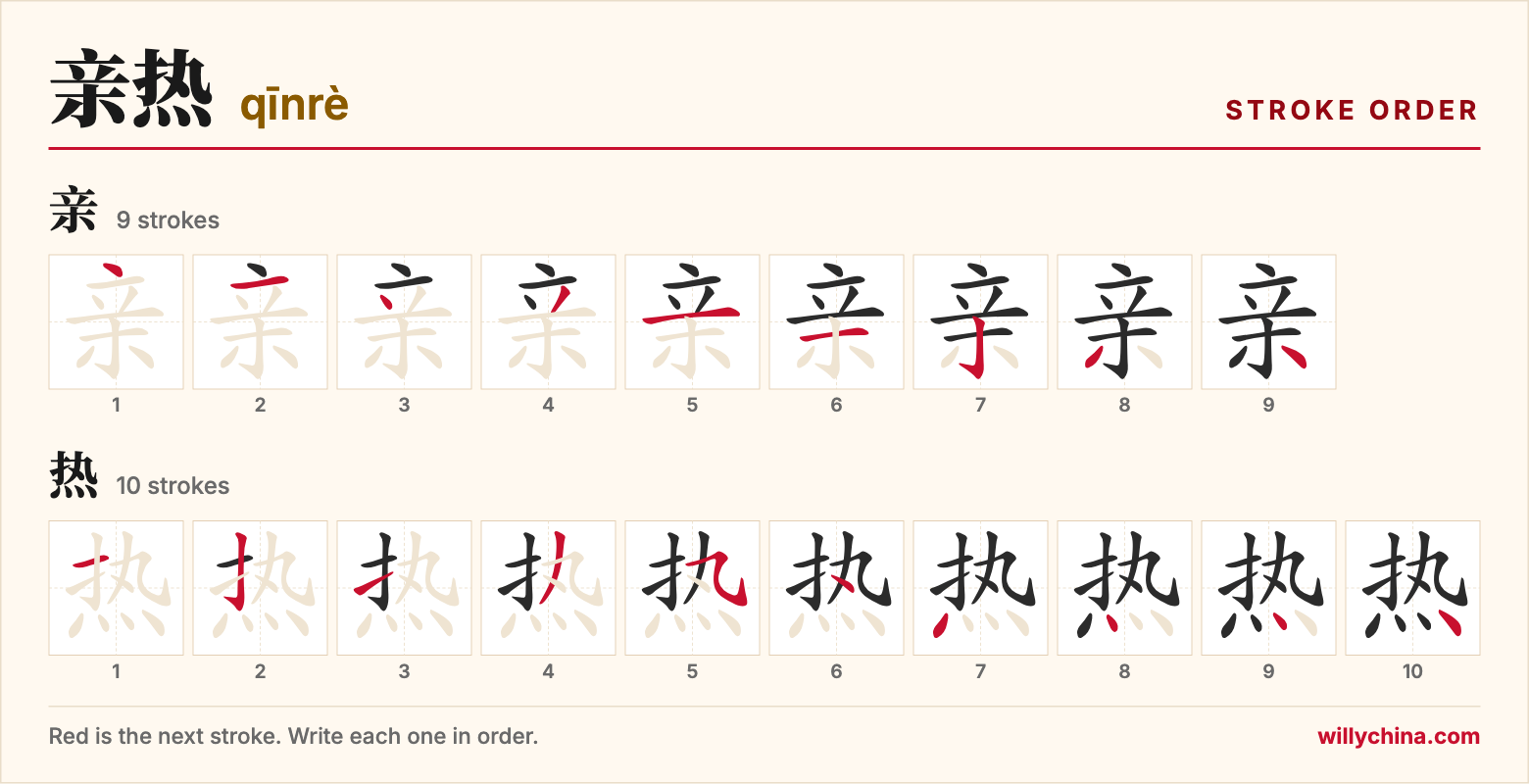 亲热 (qīnrè) stroke order chart: each stroke of the characters in the order you write them
