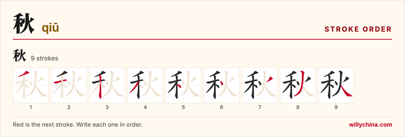 秋 (qiū) stroke order chart: each stroke of the character in the order you write it