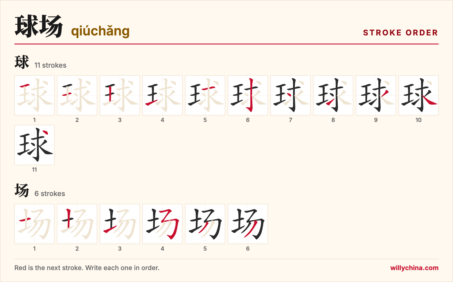 球场 (qiúchǎng) stroke order chart: each stroke of the characters in the order you write them