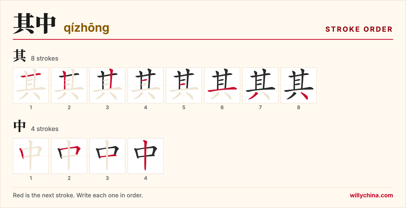 其中 (qízhōng) stroke order chart: each stroke of the characters in the order you write them