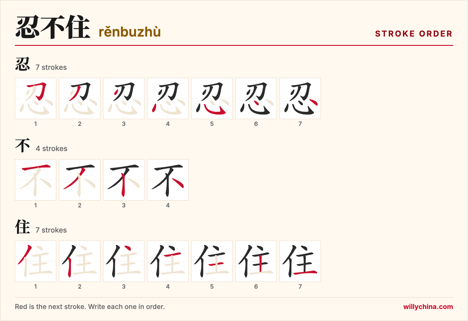 忍不住 (rěnbuzhù) stroke order chart: each stroke of the characters in the order you write them