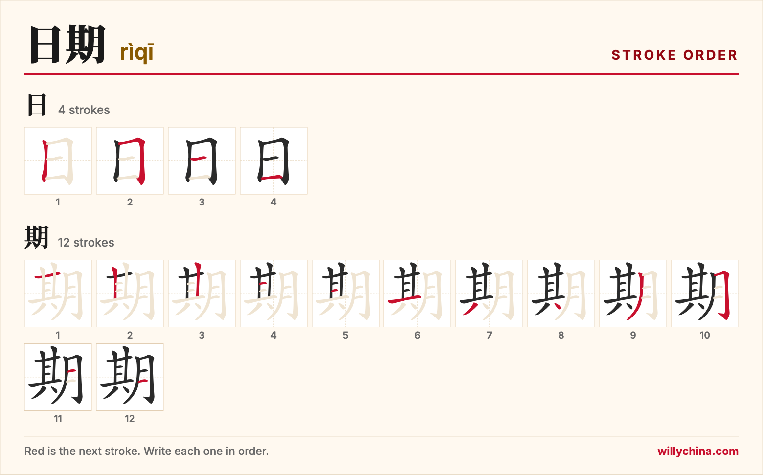 日期 (rìqī) stroke order chart: each stroke of the characters in the order you write them