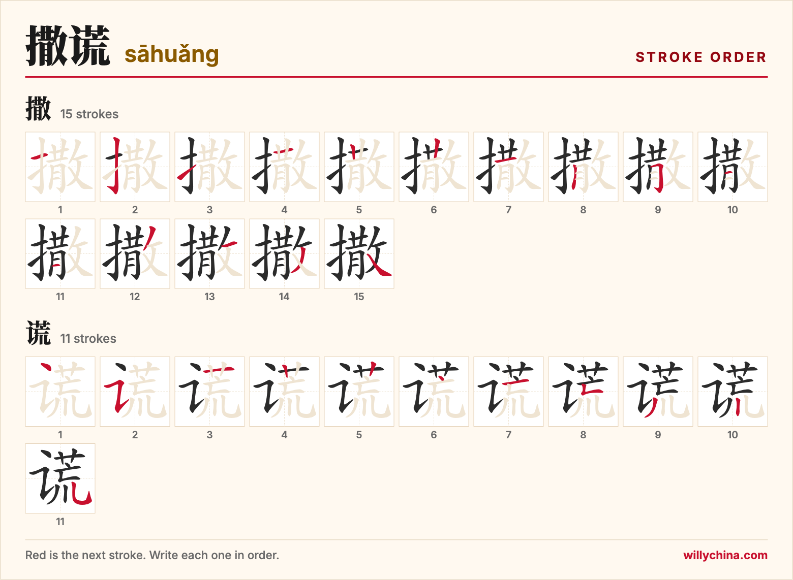 撒谎 (sāhuǎng) stroke order chart: each stroke of the characters in the order you write them