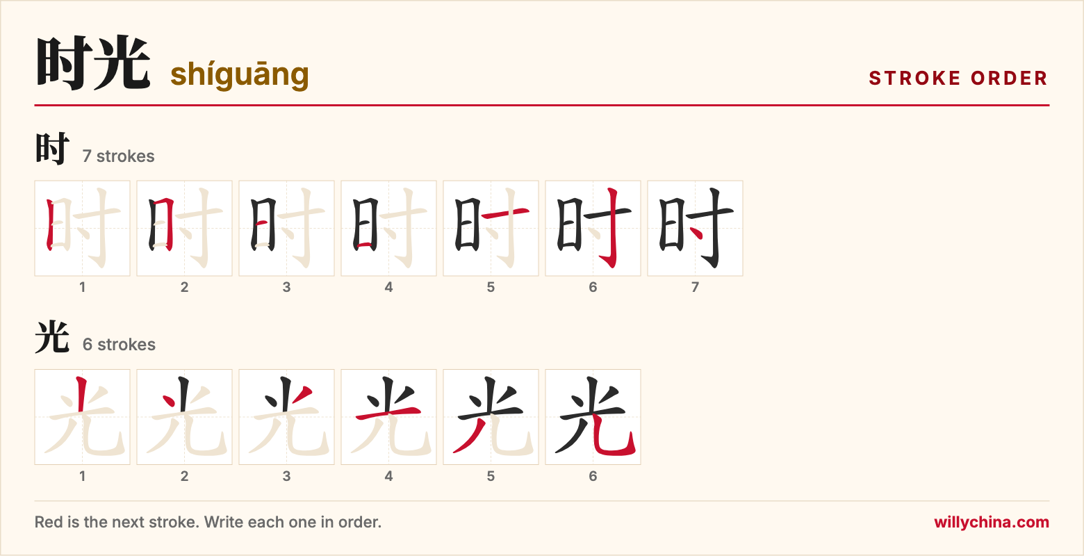 时光 (shíguāng) stroke order chart: each stroke of the characters in the order you write them