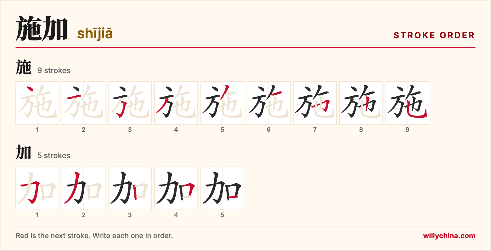 施加 (shījiā) stroke order chart: each stroke of the characters in the order you write them