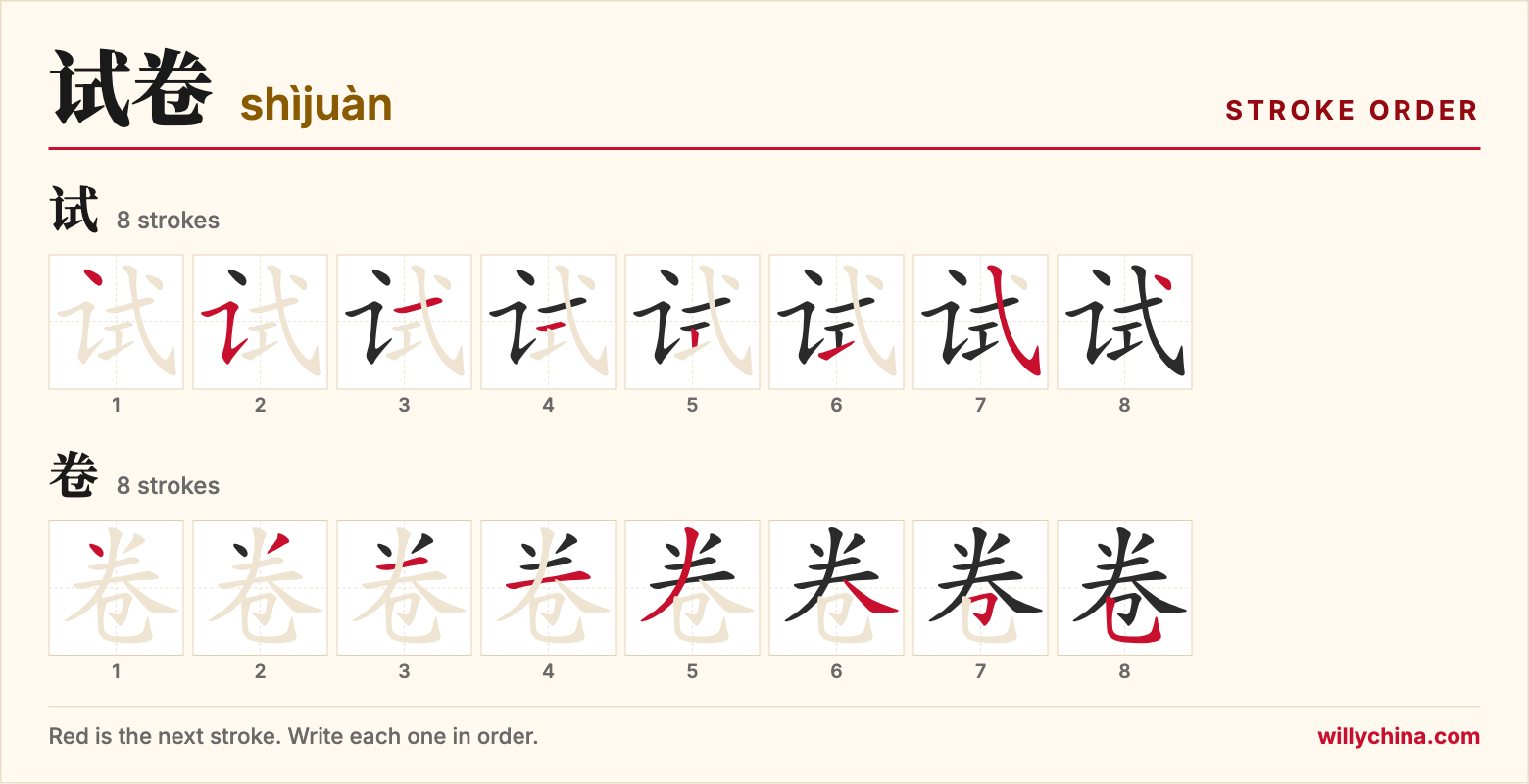 试卷 (shìjuàn) stroke order chart: each stroke of the characters in the order you write them