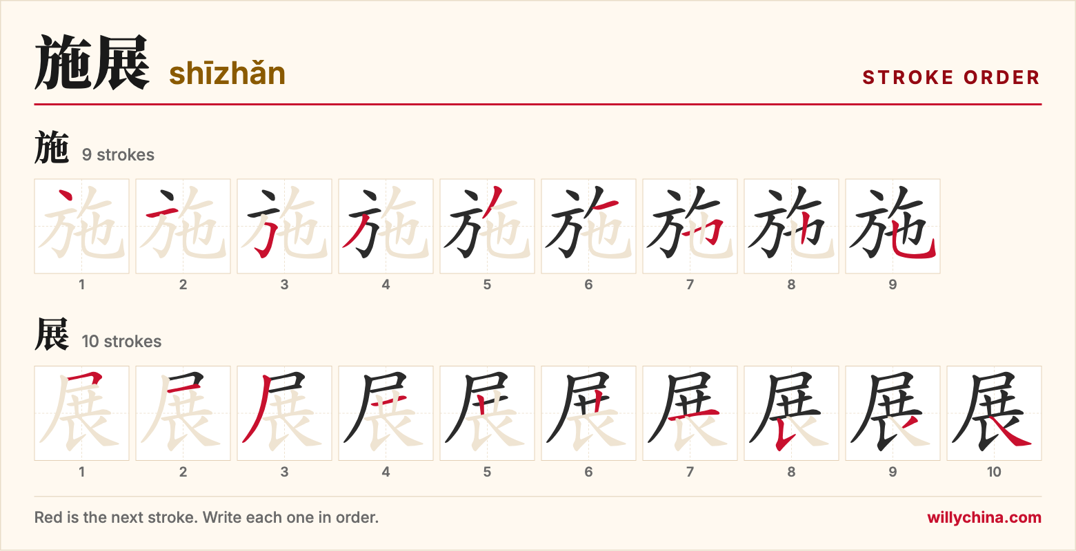 施展 (shīzhǎn) stroke order chart: each stroke of the characters in the order you write them