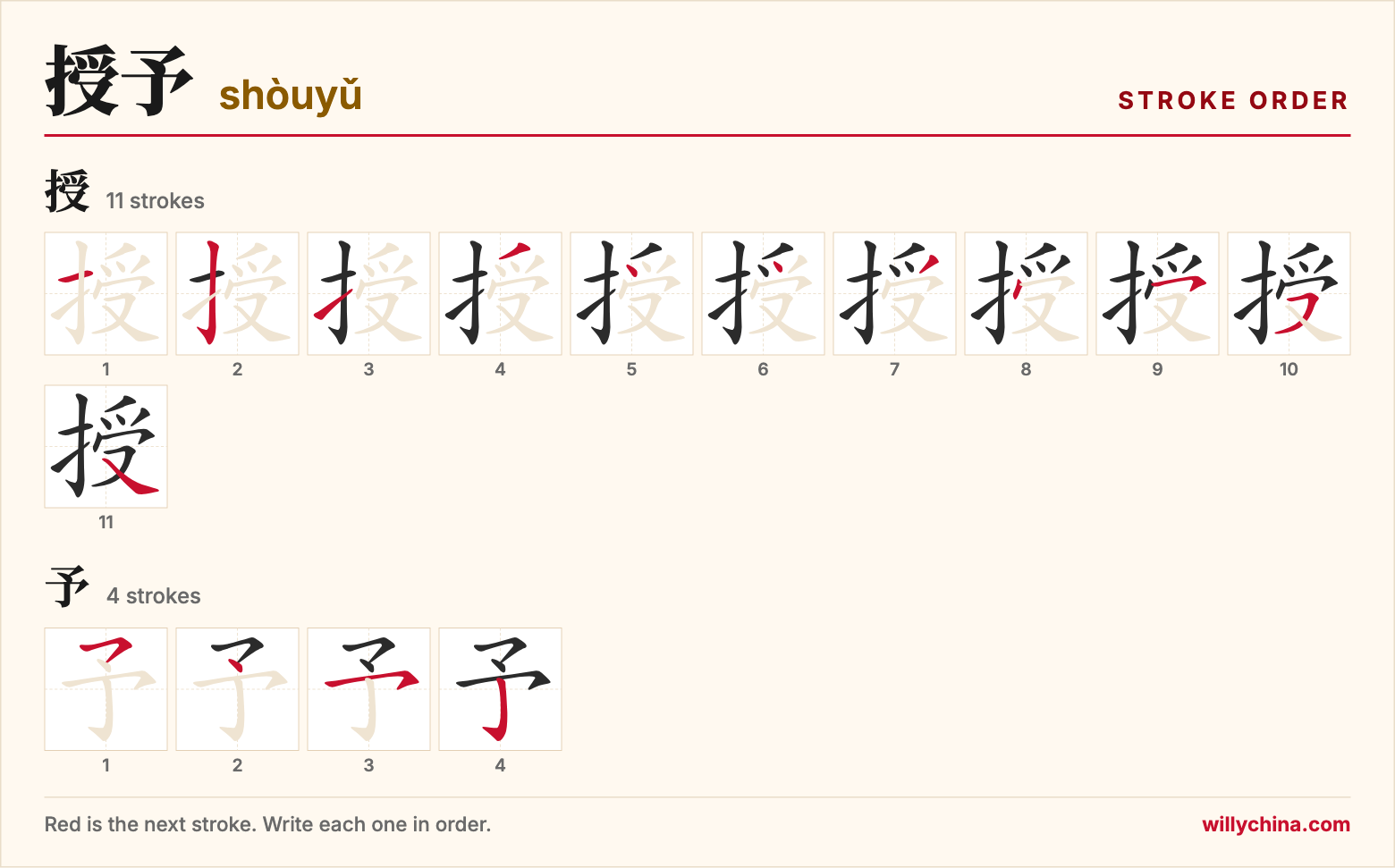 授予 (shòuyǔ) stroke order chart: each stroke of the characters in the order you write them