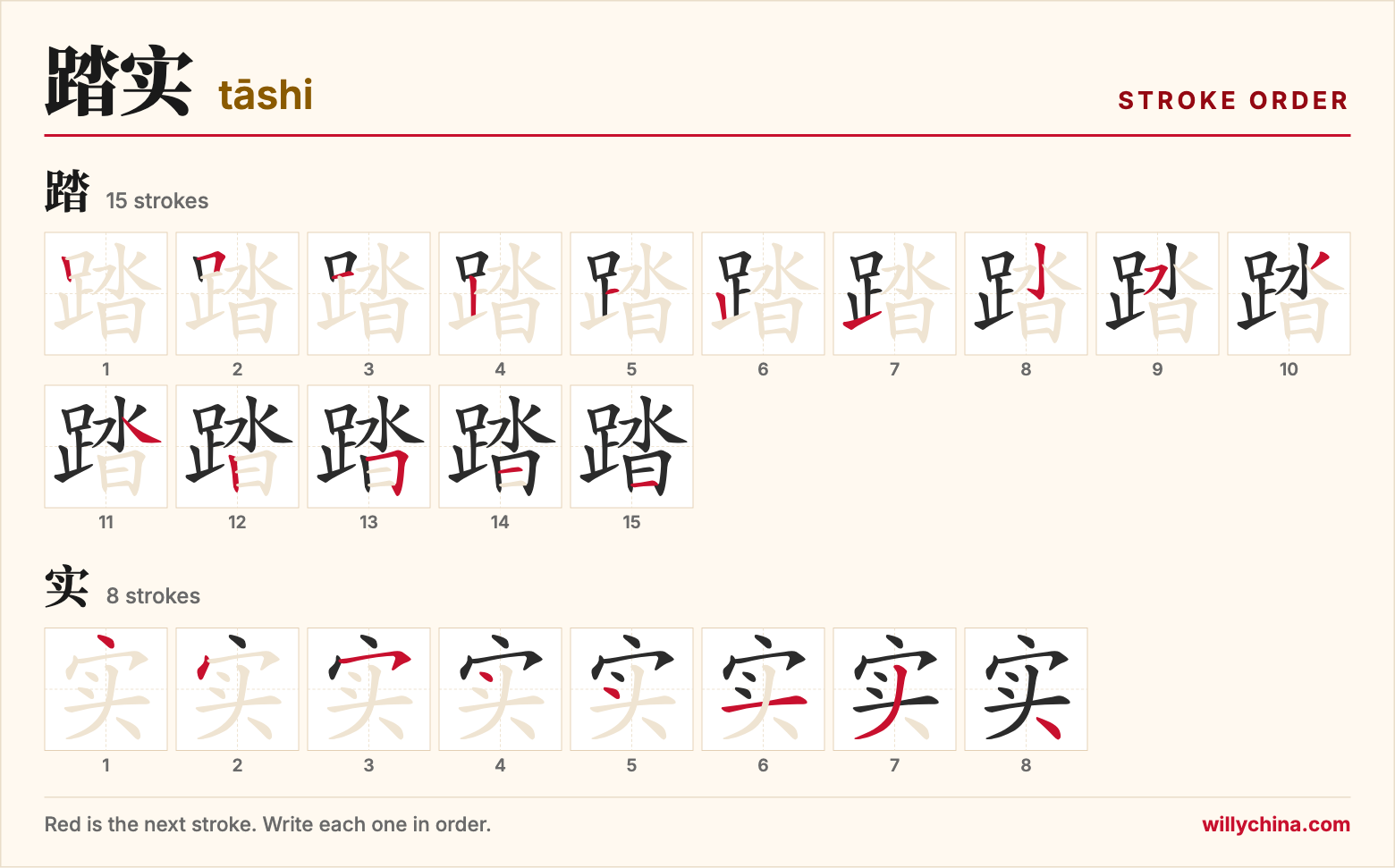 踏实 (tāshi) stroke order chart: each stroke of the characters in the order you write them