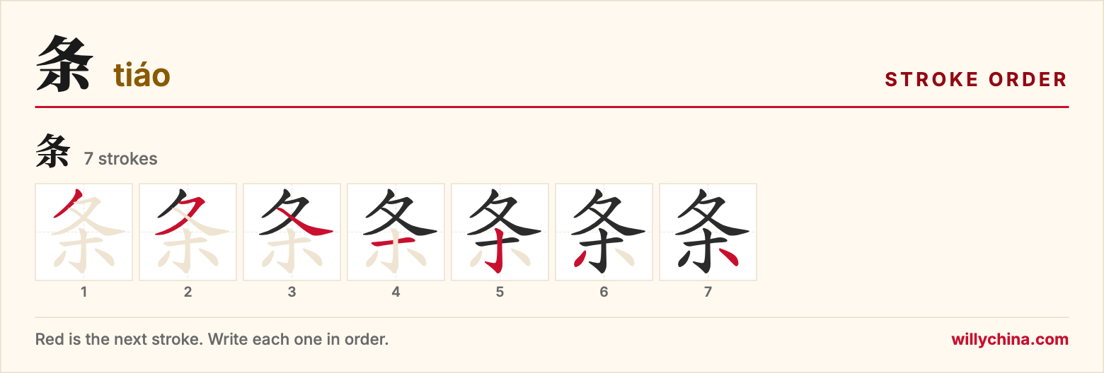 条 (tiáo) stroke order chart: each stroke of the character in the order you write it