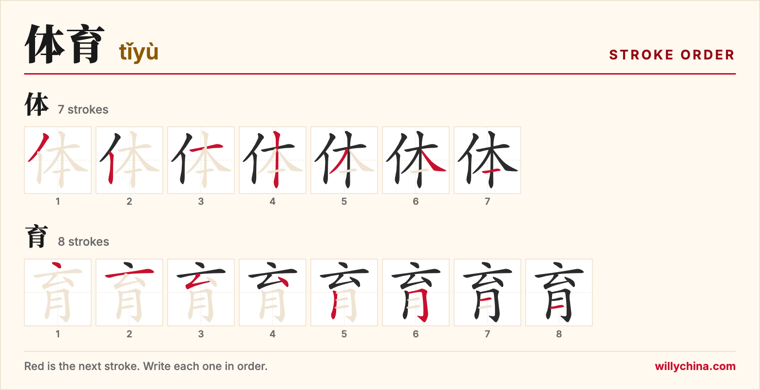 体育 (tǐyù) stroke order chart: each stroke of the characters in the order you write them