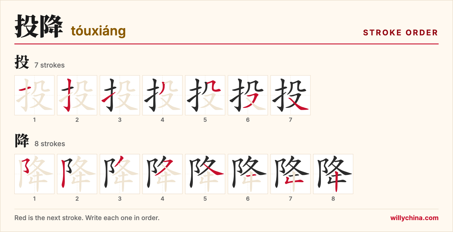 投降 (tóuxiáng) stroke order chart: each stroke of the characters in the order you write them