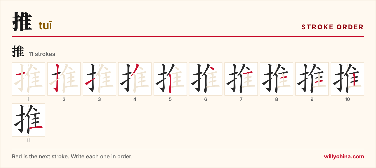推 (tuī) stroke order chart: each stroke of the character in the order you write it