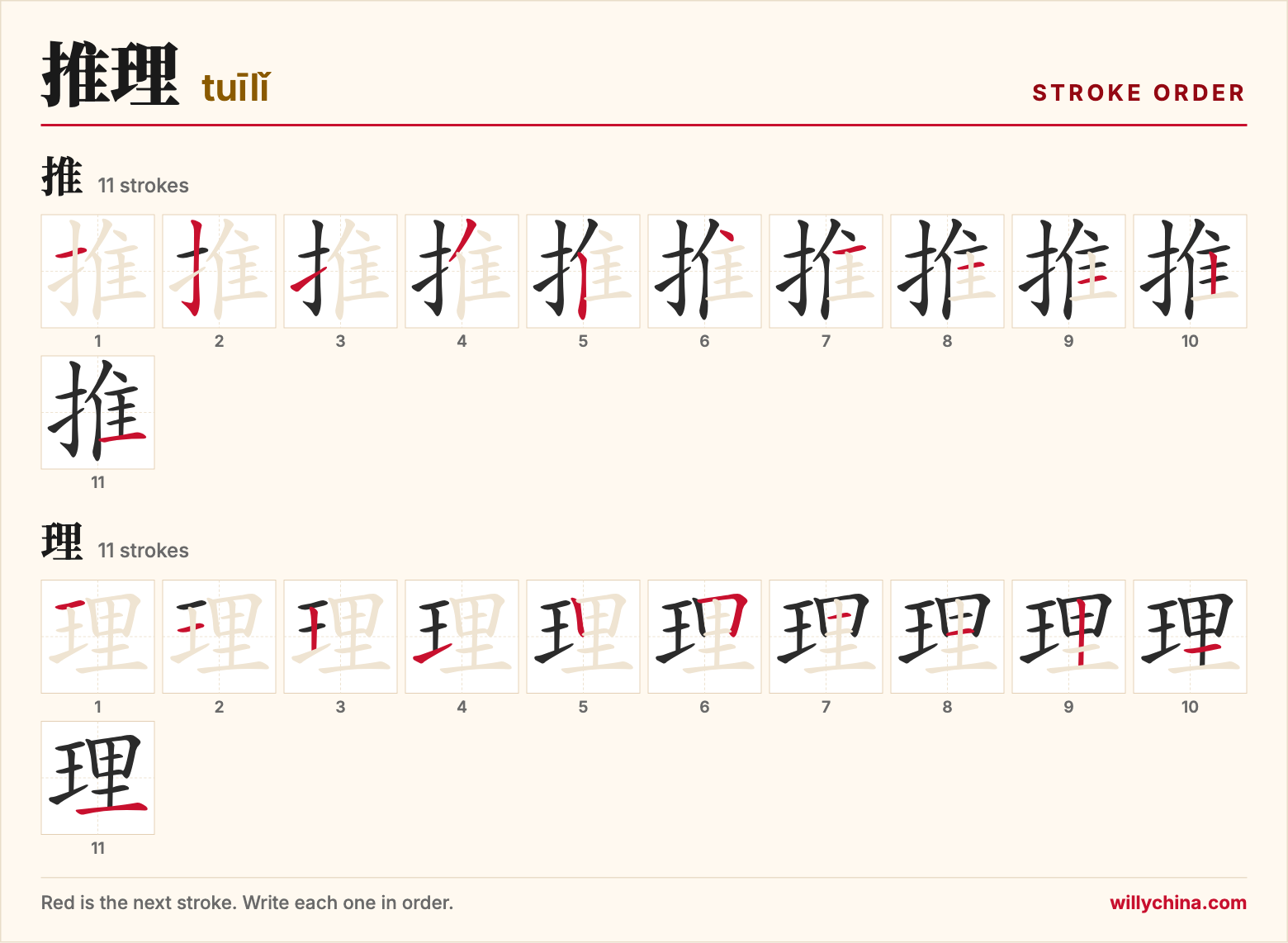 推理 (tuīlǐ) stroke order chart: each stroke of the characters in the order you write them