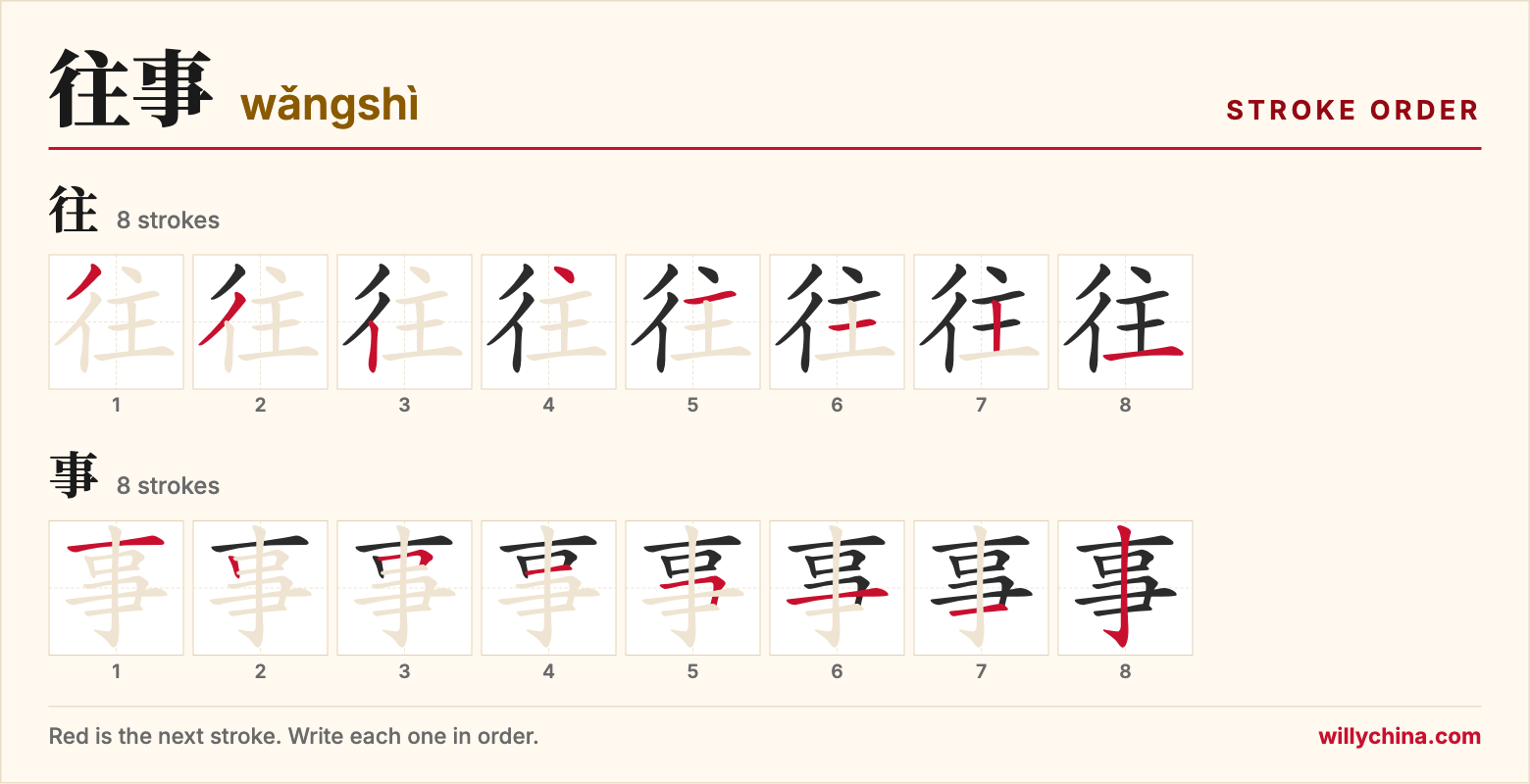 往事 (wǎngshì) stroke order chart: each stroke of the characters in the order you write them