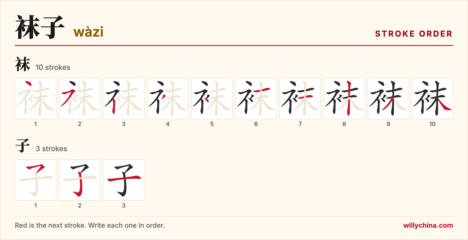 袜子 (wàzi) stroke order chart: each stroke of the characters in the order you write them
