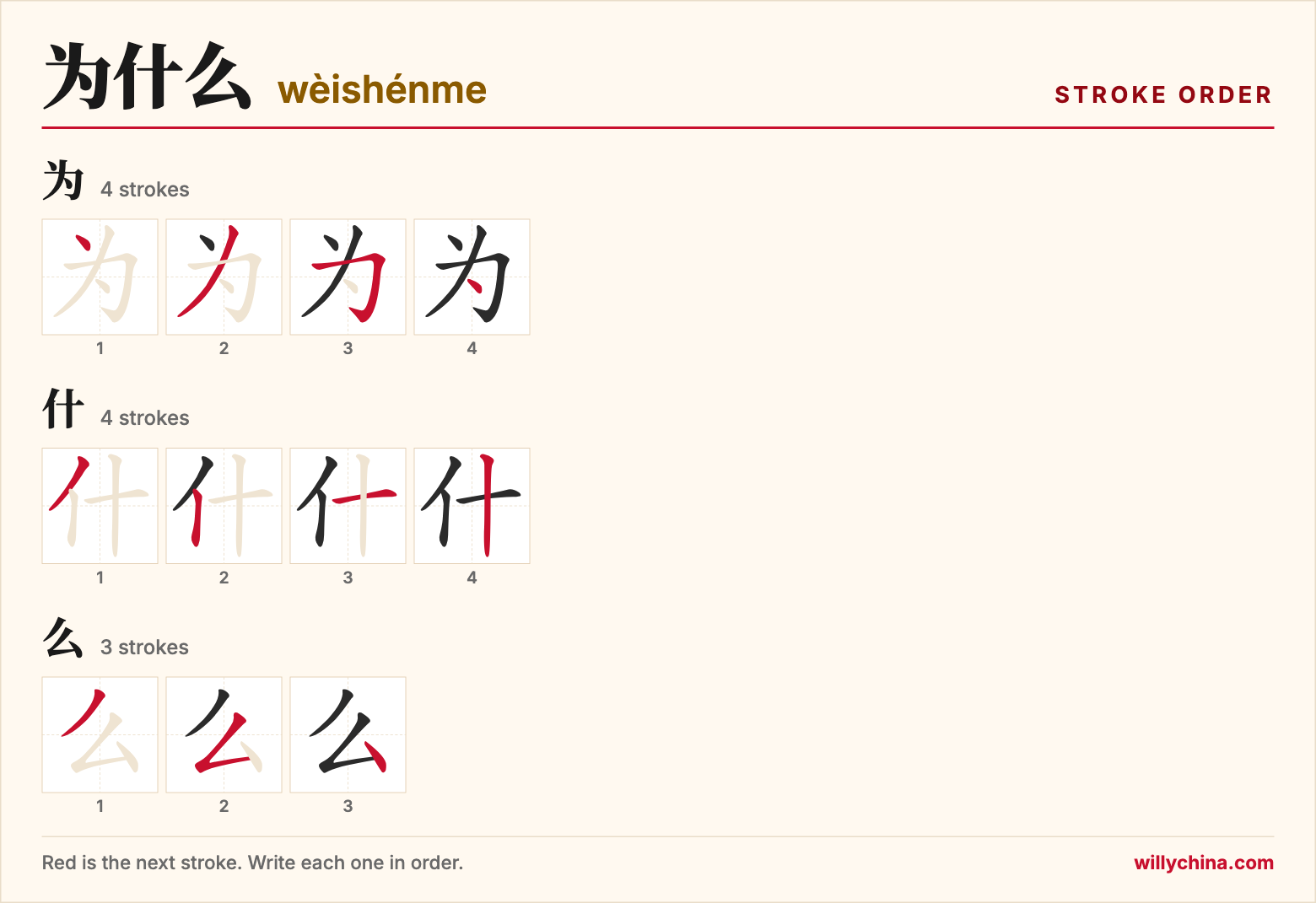 为什么 (wèishénme) stroke order chart: each stroke of the characters in the order you write them