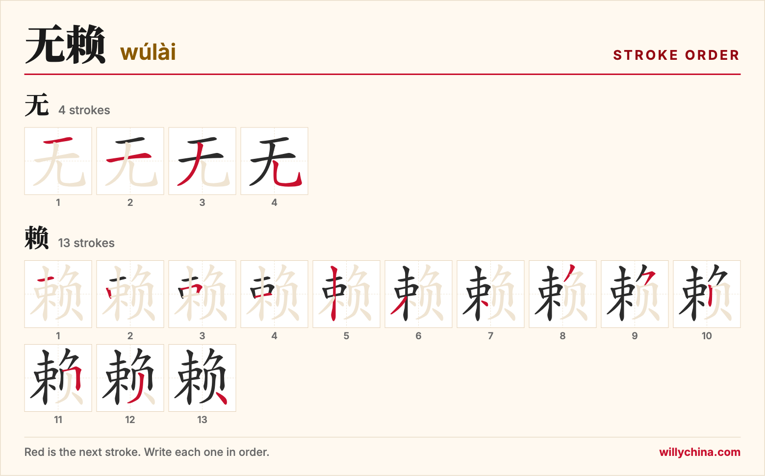 无赖 (wúlài) stroke order chart: each stroke of the characters in the order you write them