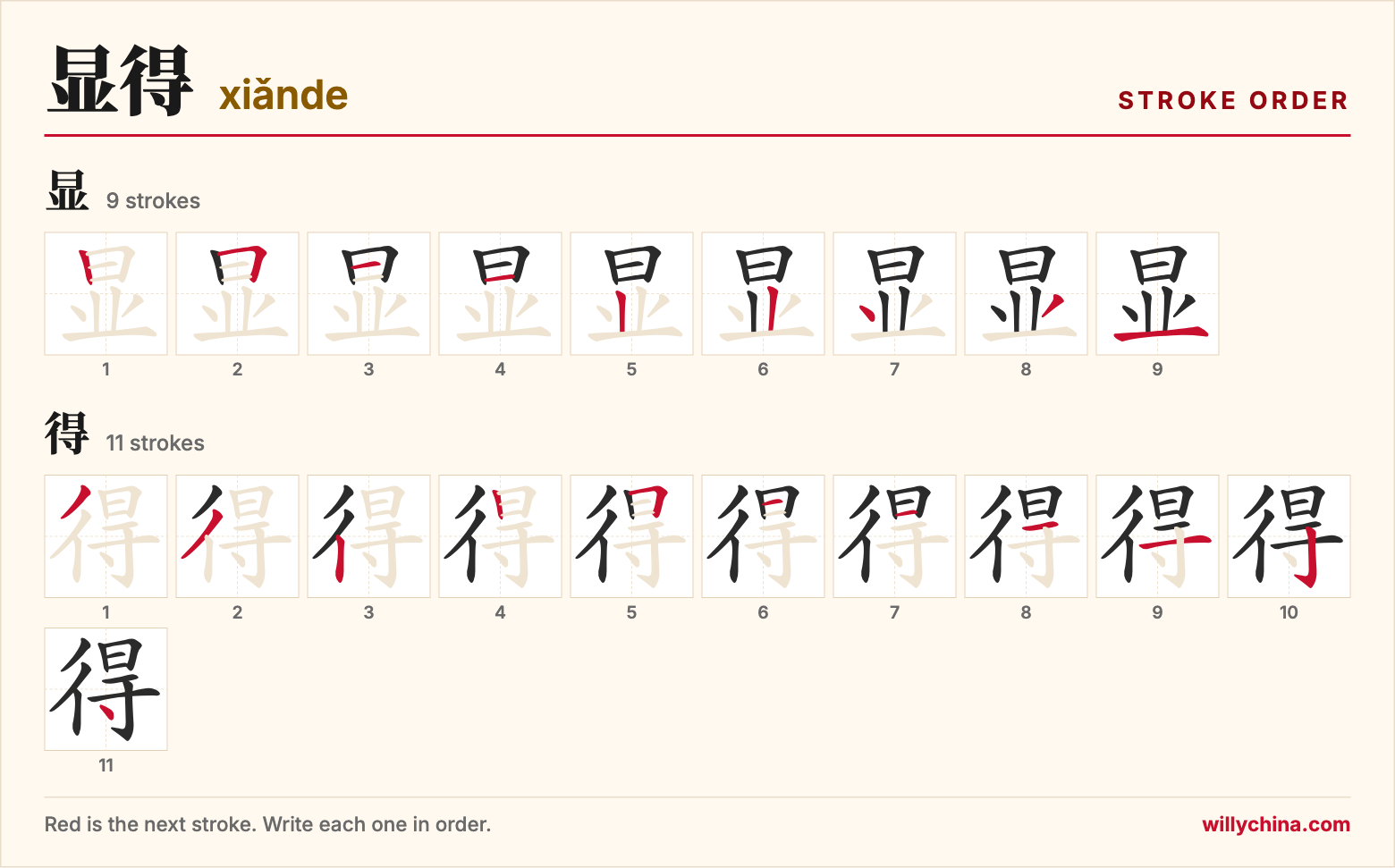 显得 (xiǎnde) stroke order chart: each stroke of the characters in the order you write them