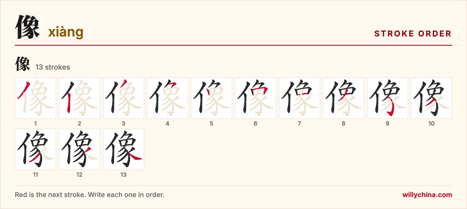 像 (xiàng) stroke order chart: each stroke of the character in the order you write it