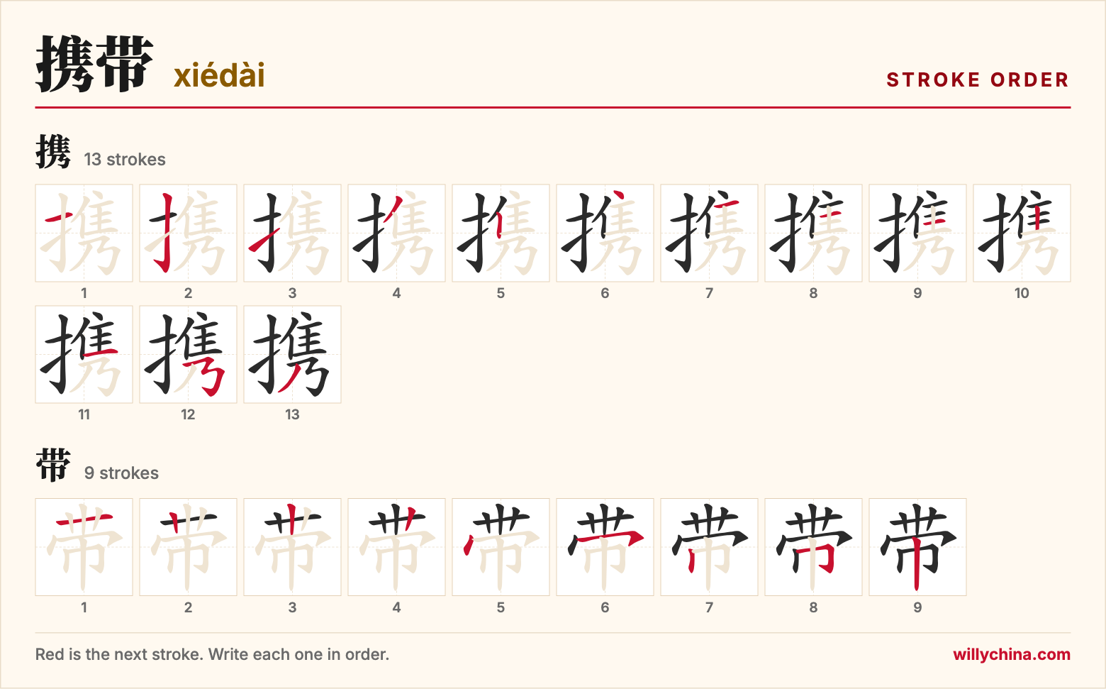 携带 (xiédài) stroke order chart: each stroke of the characters in the order you write them