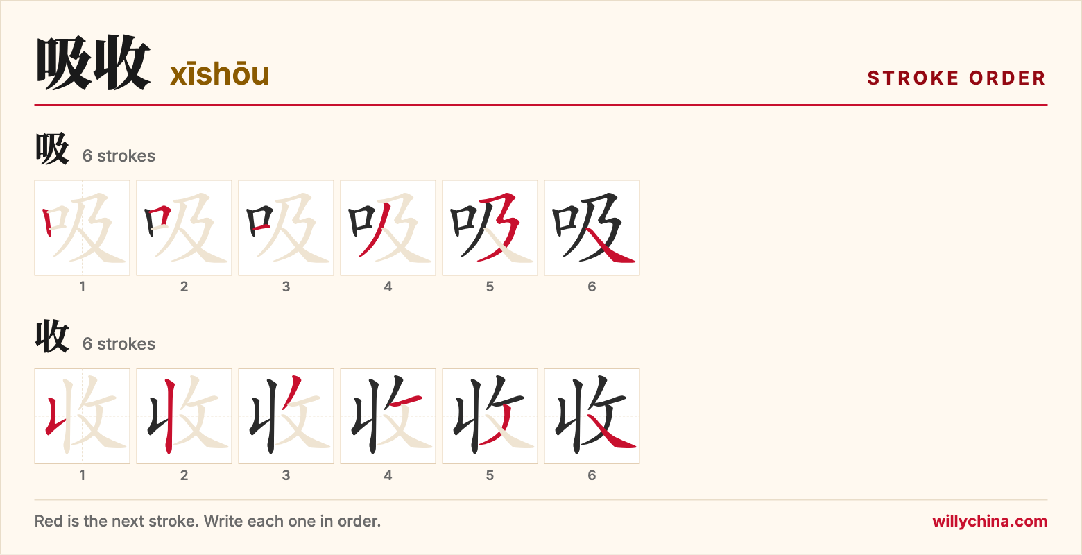 吸收 (xīshōu) stroke order chart: each stroke of the characters in the order you write them
