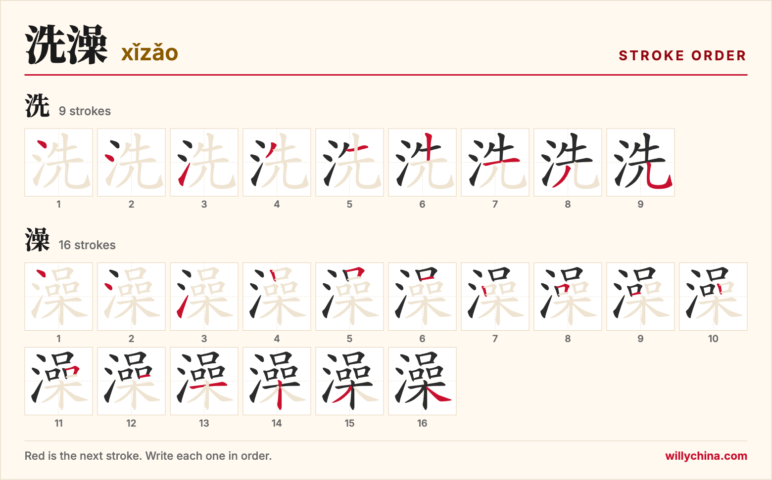 洗澡 (xǐzǎo) stroke order chart: each stroke of the characters in the order you write them