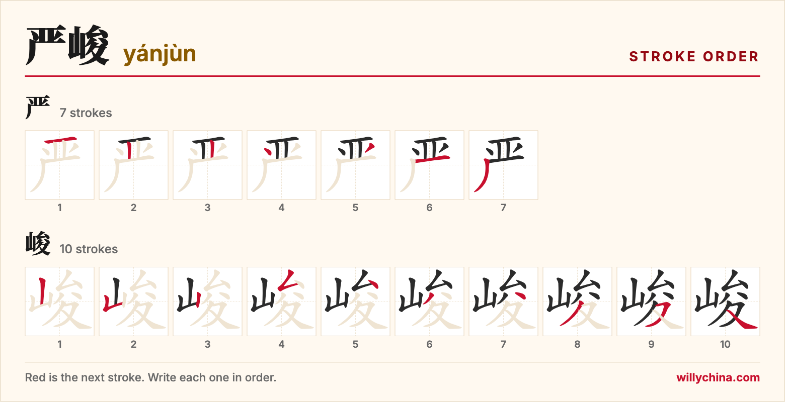 严峻 (yánjùn) stroke order chart: each stroke of the characters in the order you write them