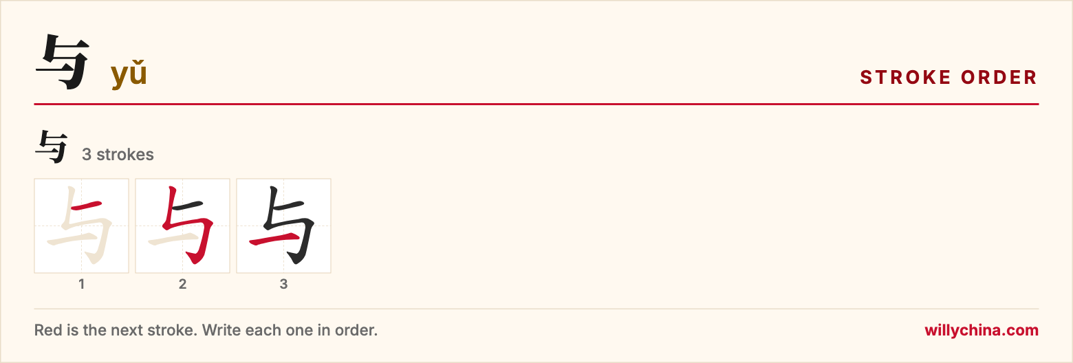 与 (yǔ) stroke order chart: each stroke of the character in the order you write it