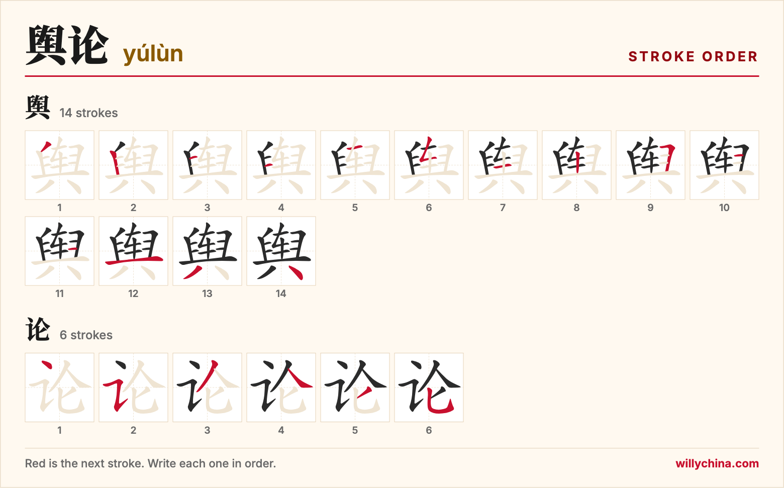舆论 (yúlùn) stroke order chart: each stroke of the characters in the order you write them