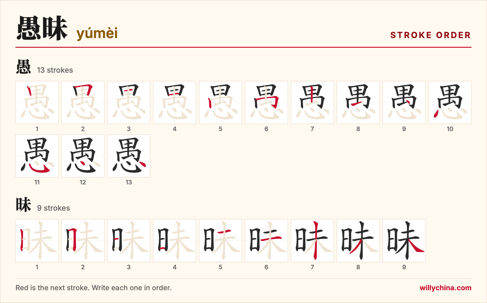 愚昧 (yúmèi) stroke order chart: each stroke of the characters in the order you write them