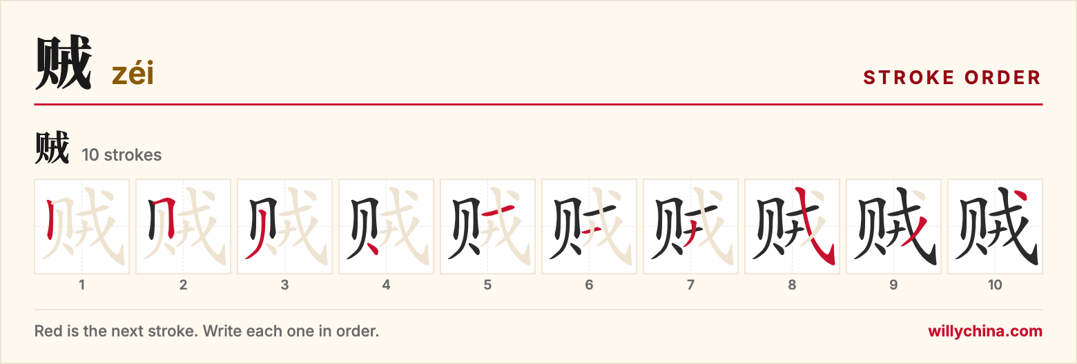 贼 (zéi) stroke order chart: each stroke of the character in the order you write it