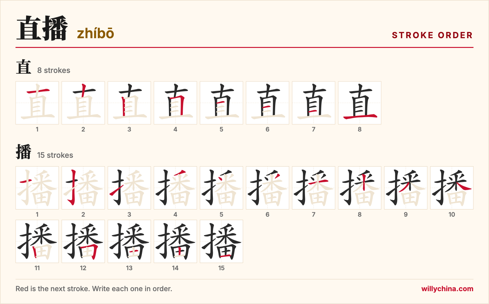 直播 (zhíbō) stroke order chart: each stroke of the characters in the order you write them