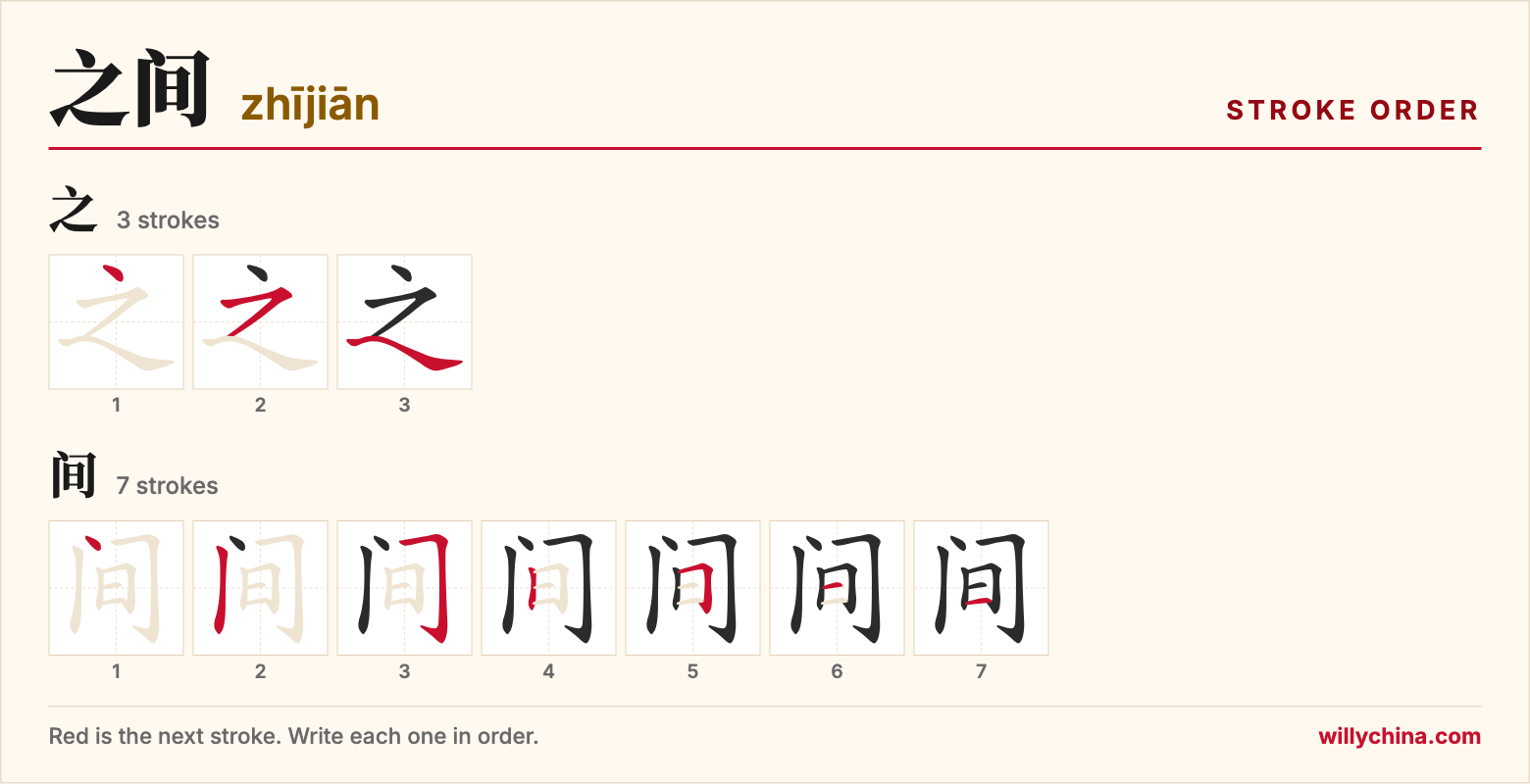 之间 (zhījiān) stroke order chart: each stroke of the characters in the order you write them