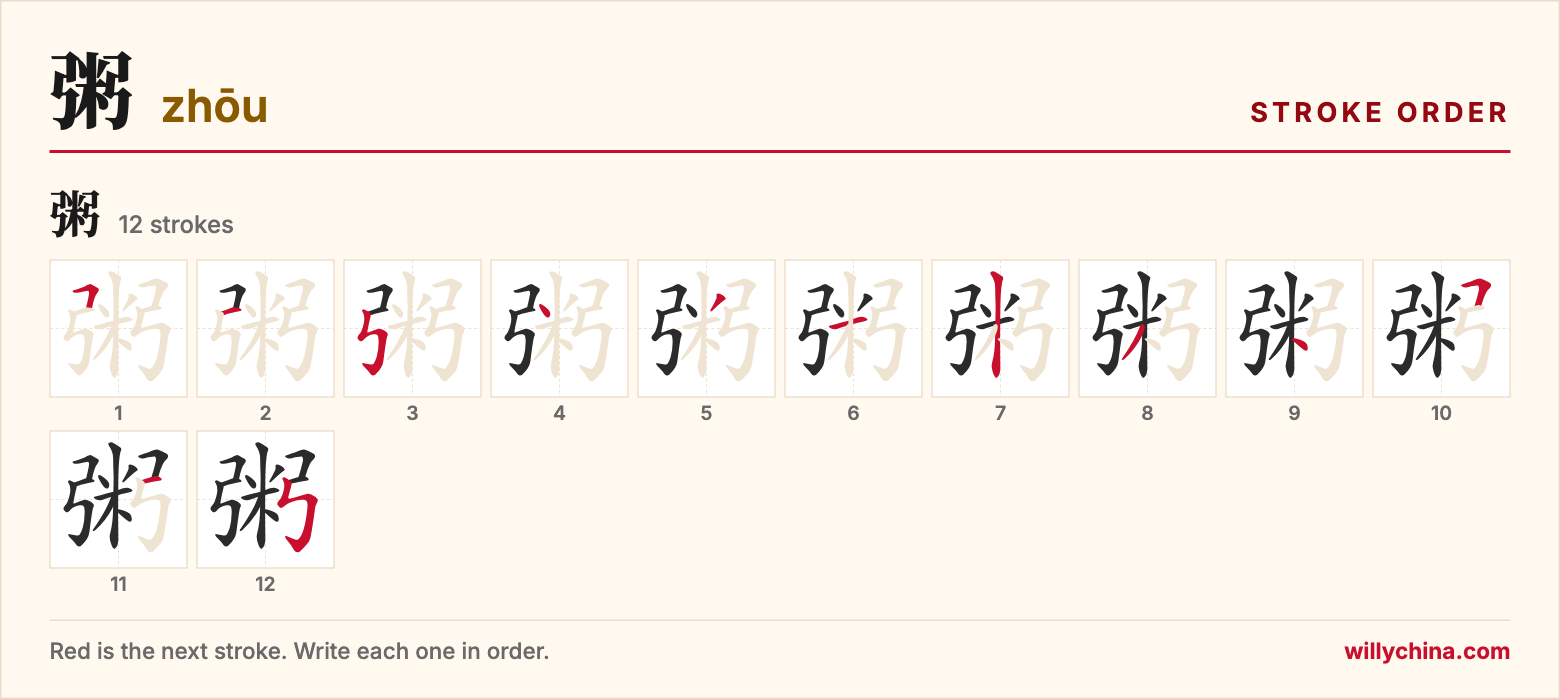 粥 (zhōu) stroke order chart: each stroke of the character in the order you write it