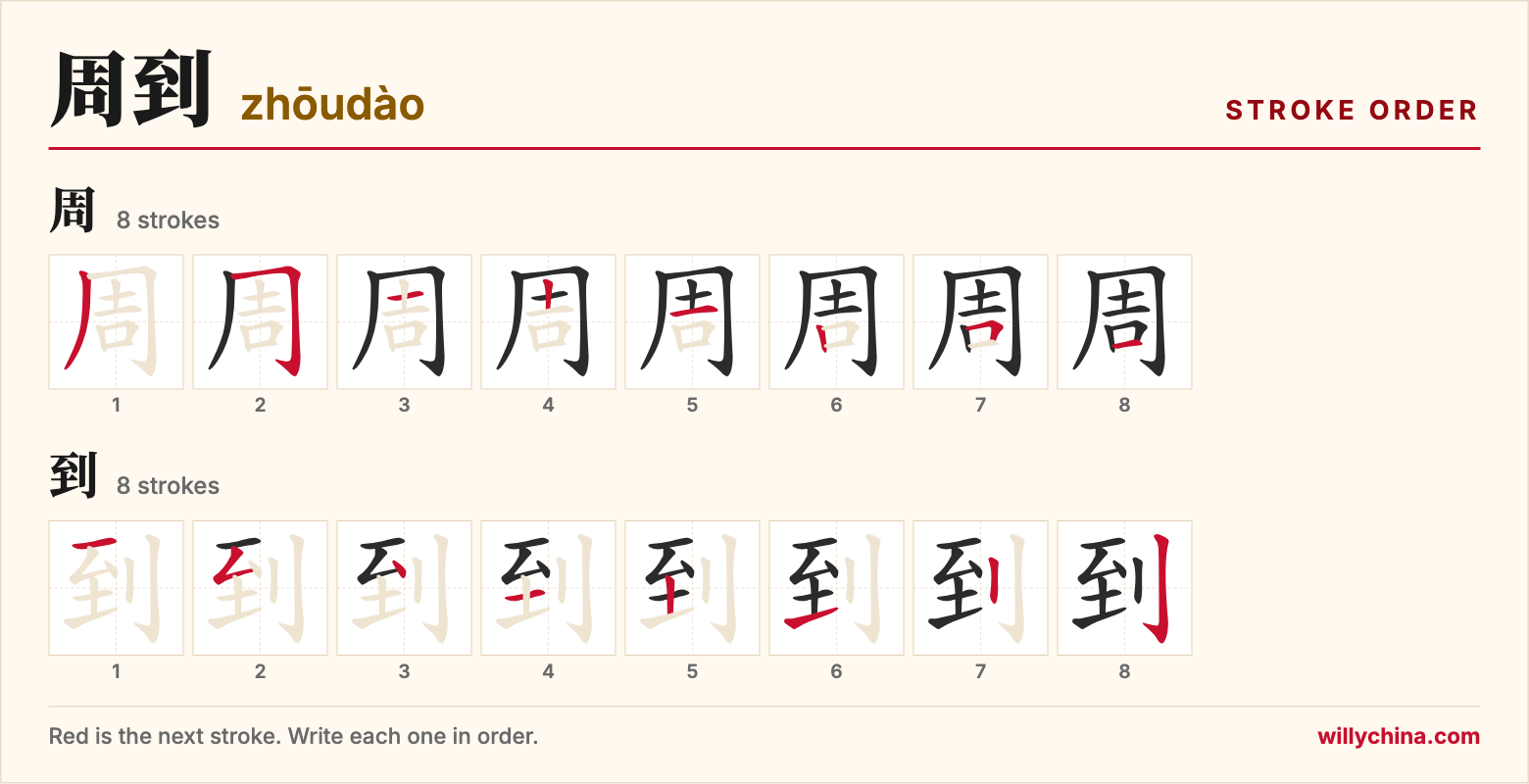 周到 (zhōudào) stroke order chart: each stroke of the characters in the order you write them